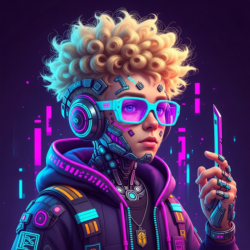 Futuristic Cyber Avatar with Blonde Curly Hair - Digital Design