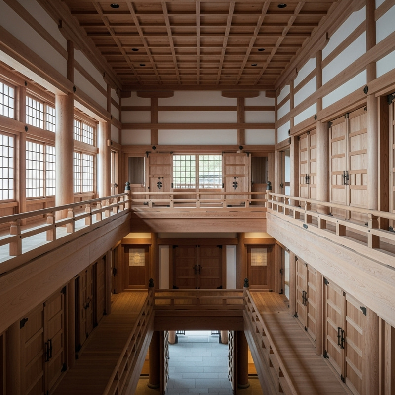 Tranquil Wooden Building with Japanese-Style Windows and Elegant Doors