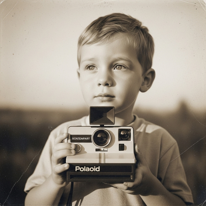 Nostalgic Vintage Portrait of Young Boy with Polaroid Camera Nostalgic Vintage Portrait of Young Boy with Polaroid Camera