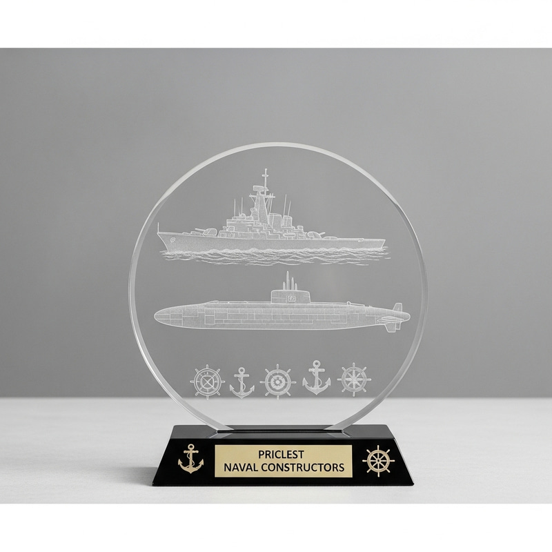 Sophisticated Transparent Acrylic Prism Trophy with Warship and Submarine Design Sophisticated Transparent Acrylic Prism Trophy with Warship and Submarine Design