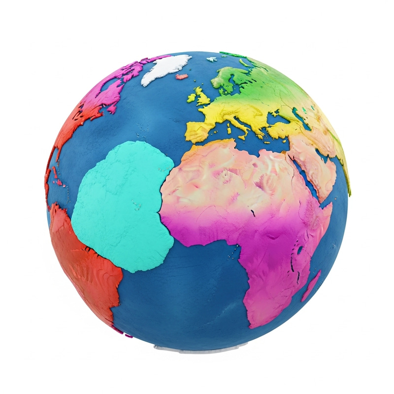 Vibrant Alien Globe: 8 Colorful Continents on White Background Vibrant Alien Globe: 8 Colorful Continents on White Background