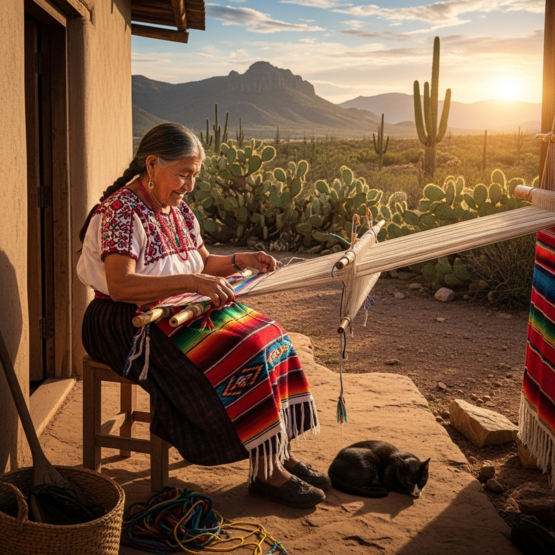 Authentic Mexican Elderly Woman Weaving Colorful Blanket
