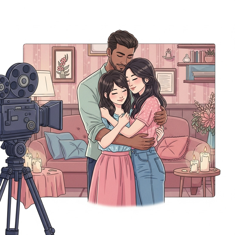 Vintage Romance: Cartoon Couple Embracing in Soft Pastel Colors