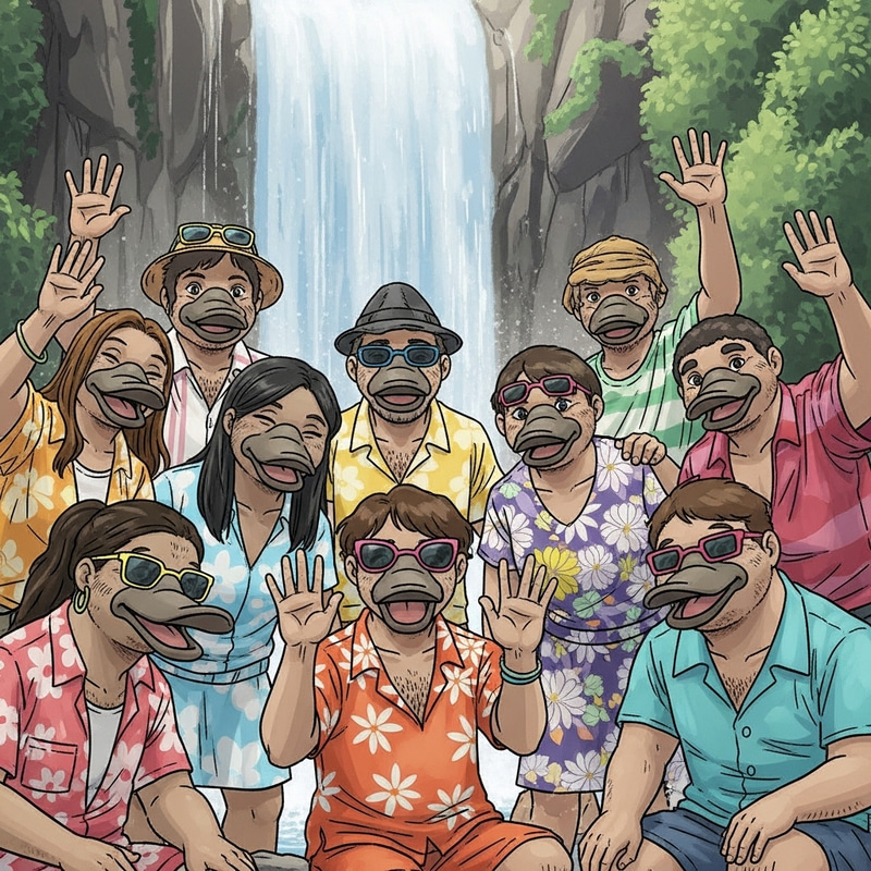Platypus People Gathering by Waterfall in Beach Attire Platypus People Gathering by Waterfall in Beach Attire