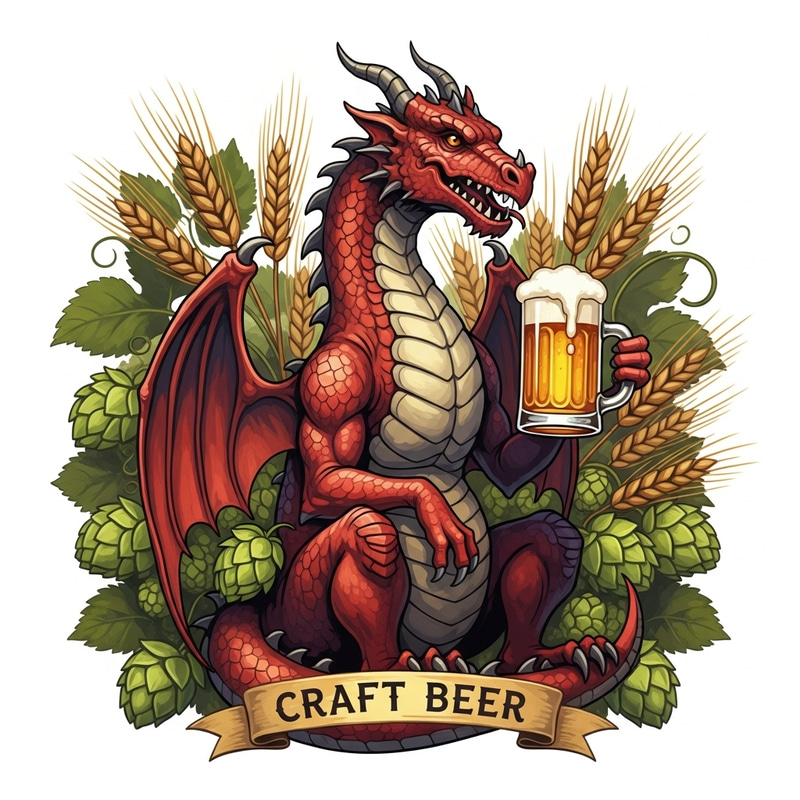Medieval Fantasy Red Cellar Dragon Brewery Emblem with Craft Beer Medieval Fantasy Red Cellar Dragon Brewery Emblem with Craft Beer