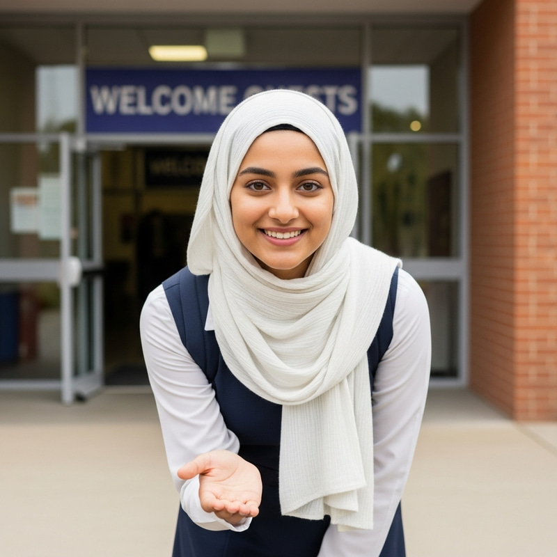 Respectful Beautiful Hijabi Schoolgirl Welcomes Guests Respectful Beautiful Hijabi Schoolgirl Welcomes Guests