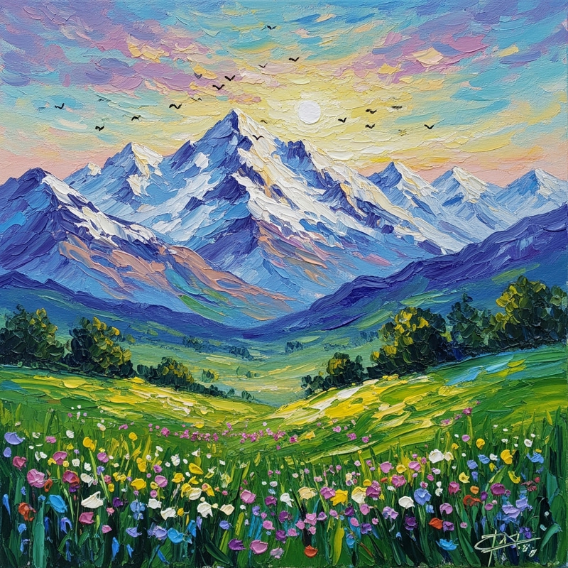 Impressionist Mountain Landscape Art | Serene Sunset Painting Impressionist Mountain Landscape Art | Serene Sunset Painting