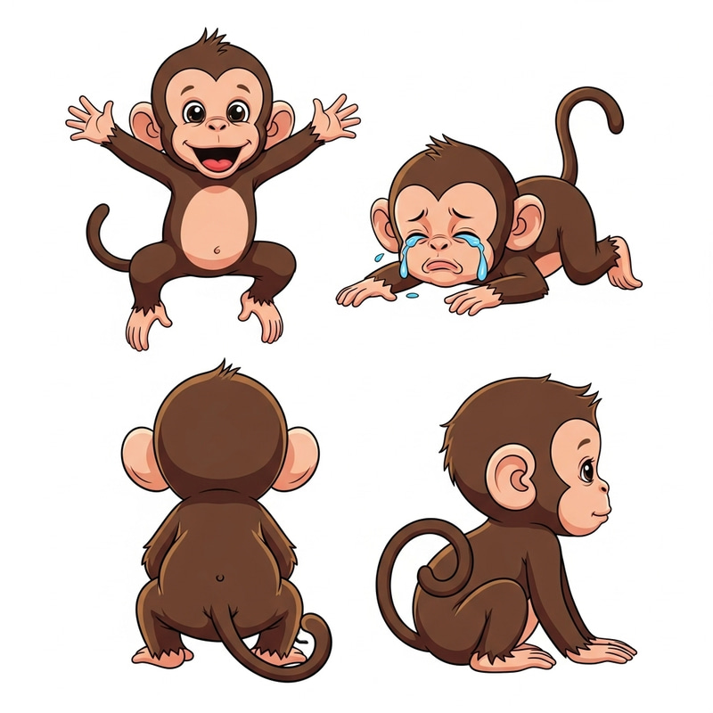 Cute Baby Monkeys Art - Bright Colors & 4 Positions