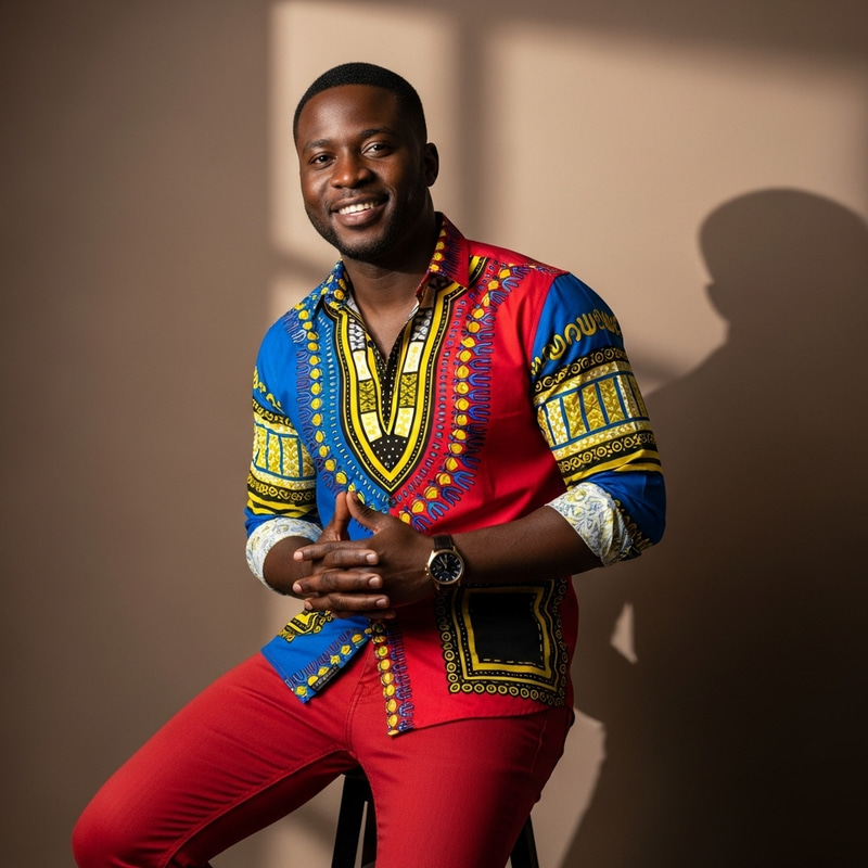 Stylish Black Man in Vibrant Shirt & Red Jeans