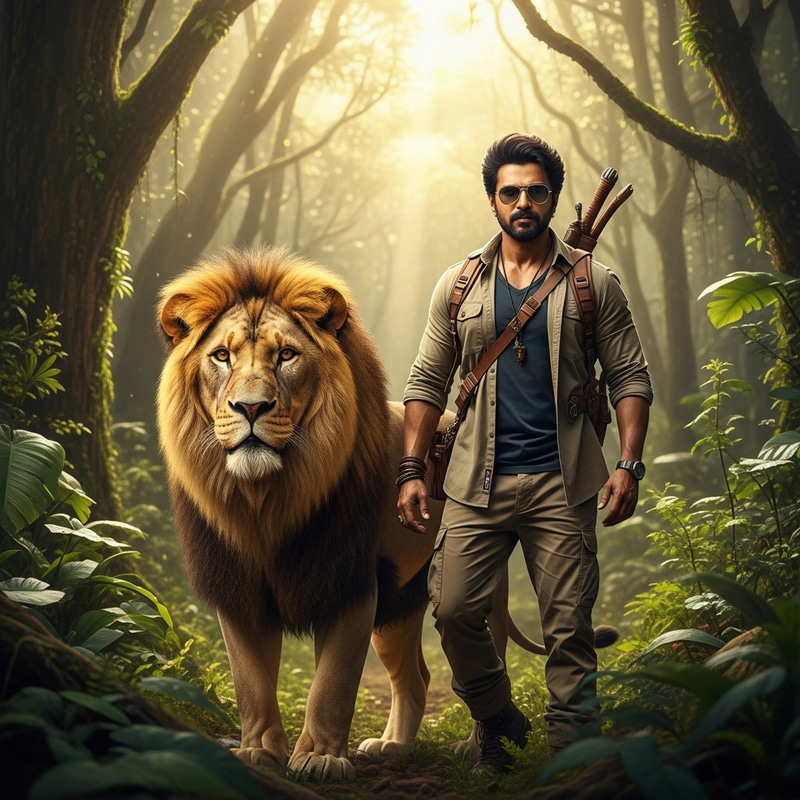 Majestic Lion and Adventurous Man in Vibrant Jungle Majestic Lion and Adventurous Man in Vibrant Jungle