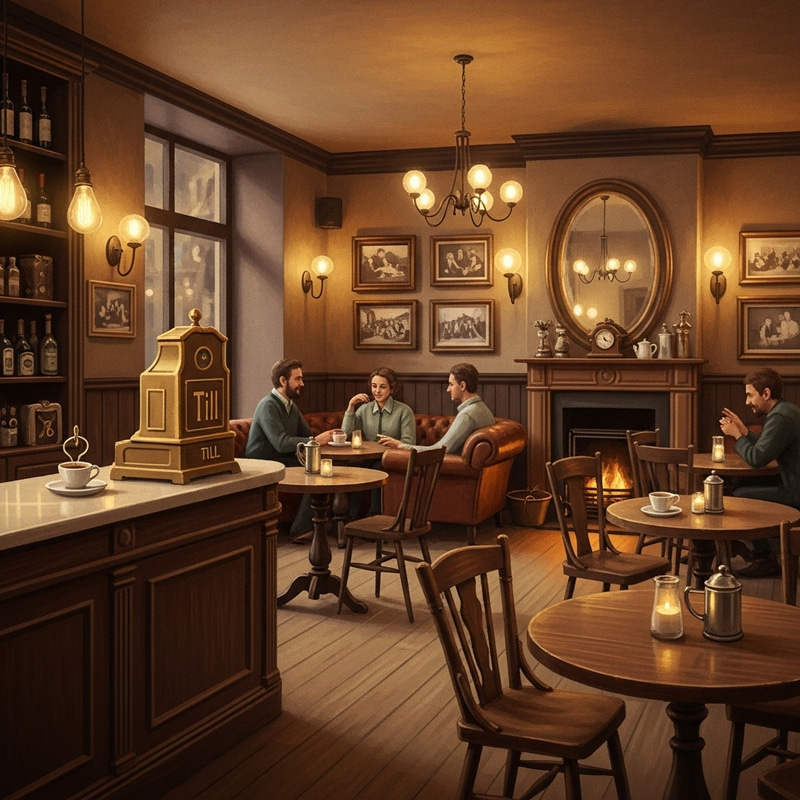 Cozy Café Interior Digital Painting in Earth Tones Cozy Café Interior Digital Painting in Earth Tones