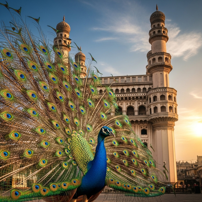 Colorful Peacock at Charminar | Majestic Hyderabad Sunset