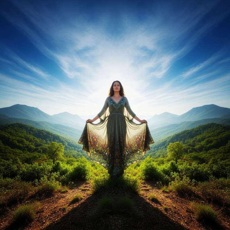 Hispanic Woman Bridging Sky and Earth in Harmony
