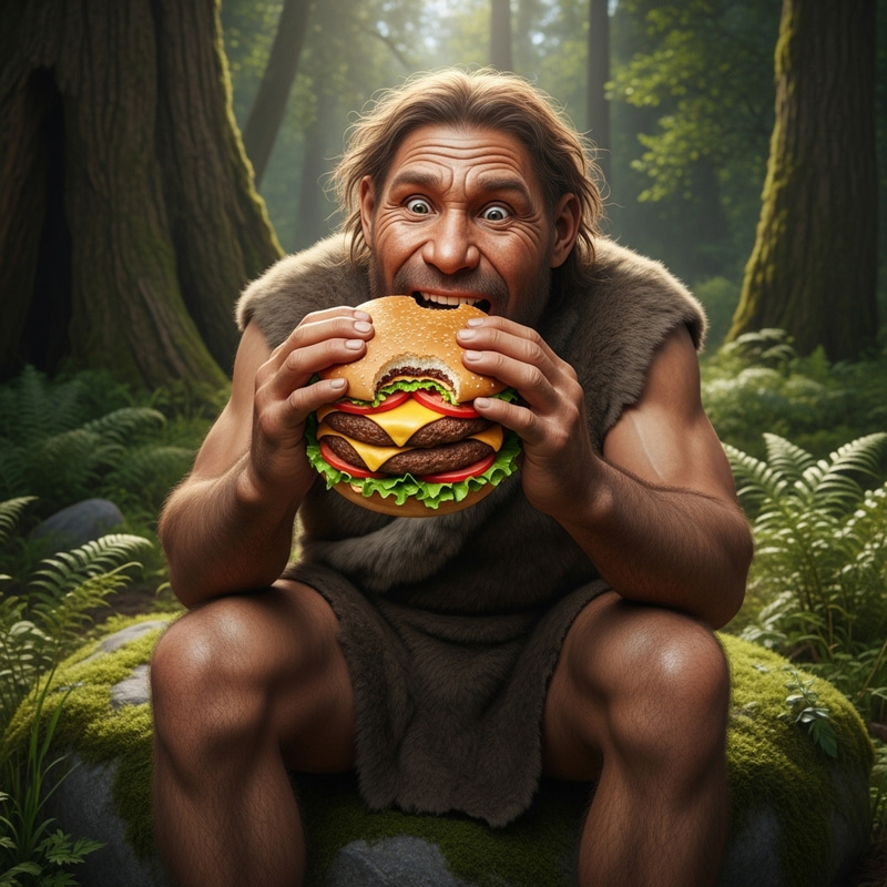 Neanderthal eating a burger in the wild Neanderthal eating a burger in the wild