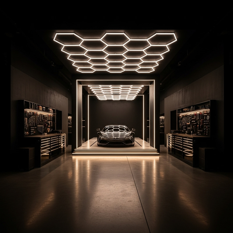 Modern Garage Interior Design | Symmetrical Hexagon Lighting Modern Garage Interior Design | Symmetrical Hexagon Lighting