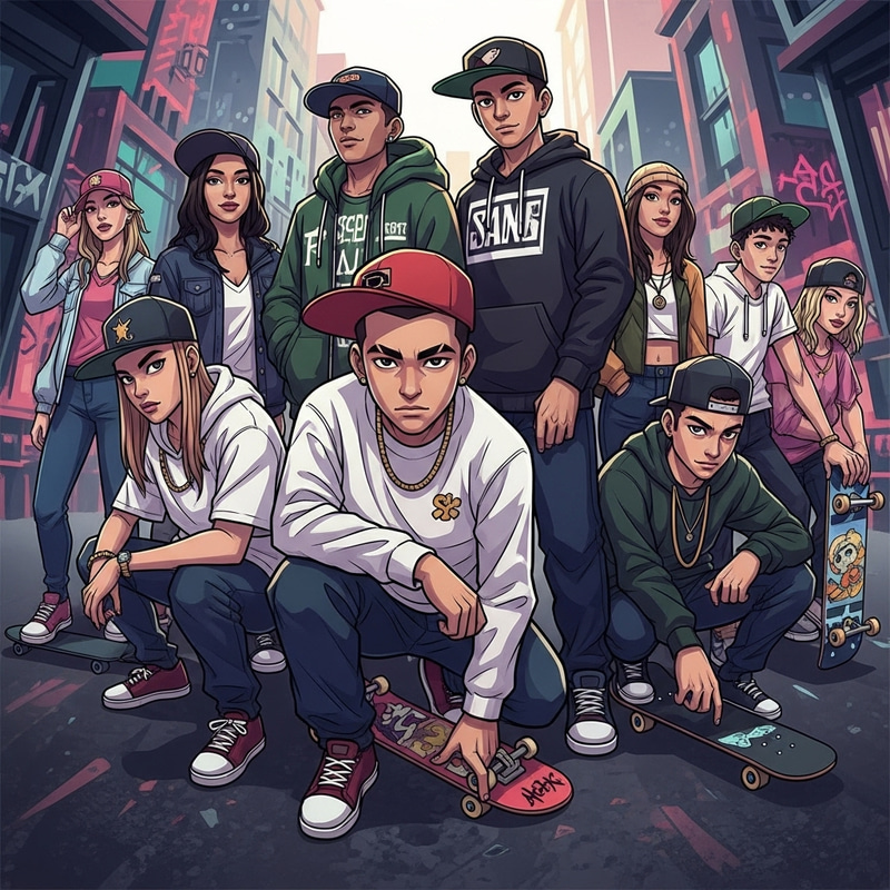 Vibrant Urban Streetwear & Skateboard Style With Dynamic Poses Vibrant Urban Streetwear & Skateboard Style With Dynamic Poses