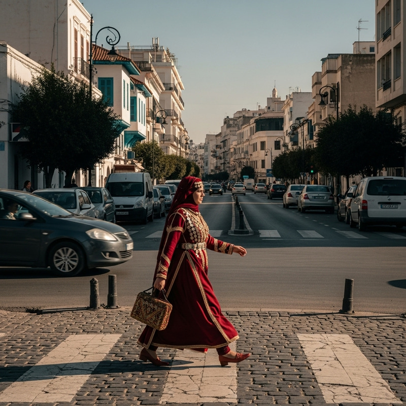 Tunisian Woman Crossing Urban Street | Vibrant Cultural Scene