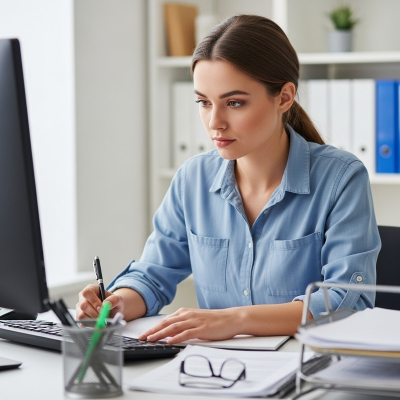 Focused White Girl Working in Office Focused White Girl Working in Office