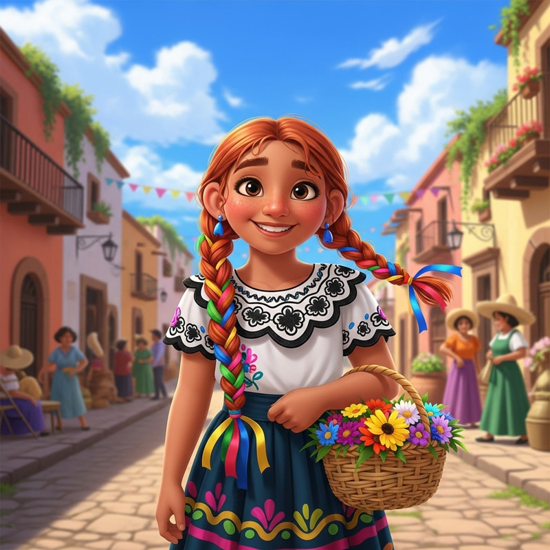 Mexican Girl with Tan Skin and Ginger Hair Carrying Flowers in Colorful Dress Mexican Girl with Tan Skin and Ginger Hair Carrying Flowers in Colorful Dress