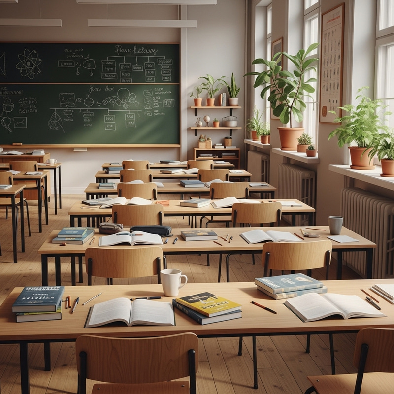 Bright Classroom Setup with Plants, Chalkboard, Chairs, and Tables Bright Classroom Setup with Plants, Chalkboard, Chairs, and Tables
