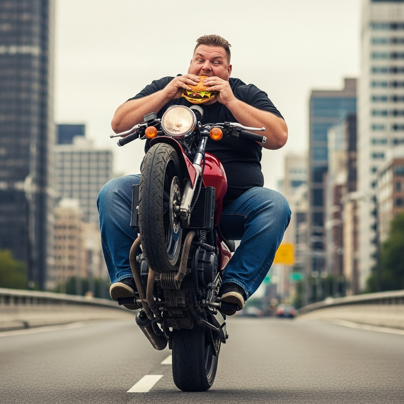 Overweight man performing motorcycle wheelie while eating a burger Overweight man performing motorcycle wheelie while eating a burger