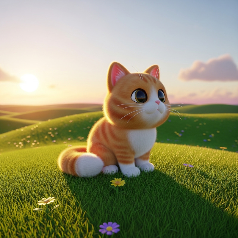 Cute Cat on Hilltop in 3D