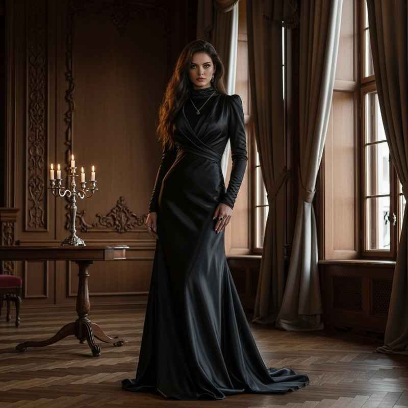 Seductive Goddess in Black Silk - Mysterious Elegance Seductive Goddess in Black Silk - Mysterious Elegance
