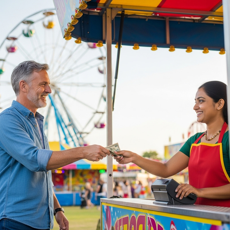 Joyful Carnival Scene: Payment and Leisure Activity Joyful Carnival Scene: Payment and Leisure Activity