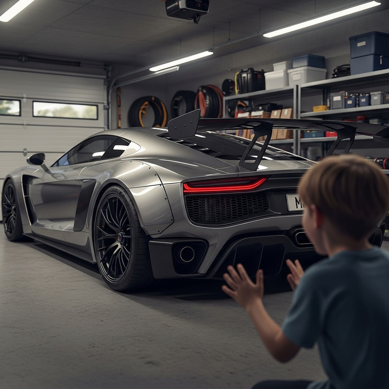 Child Admires Porsche Parked in Garage Child Admires Porsche Parked in Garage