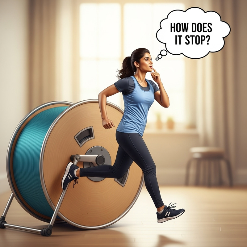 Woman Running in Hamster Wheel with Thought Cloud | Curious Energy Woman Running in Hamster Wheel with Thought Cloud | Curious Energy