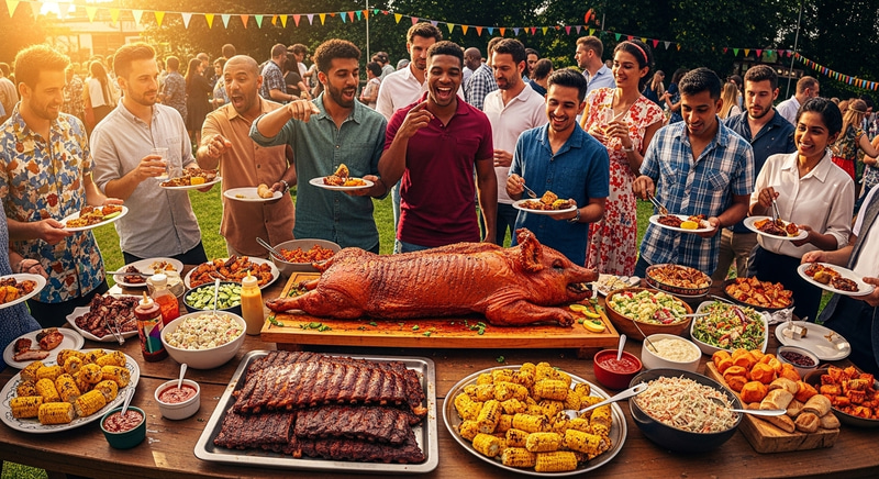 Lively Whole Hog BBQ Event: Vibrant Summer Spread & Enthusiastic Faces