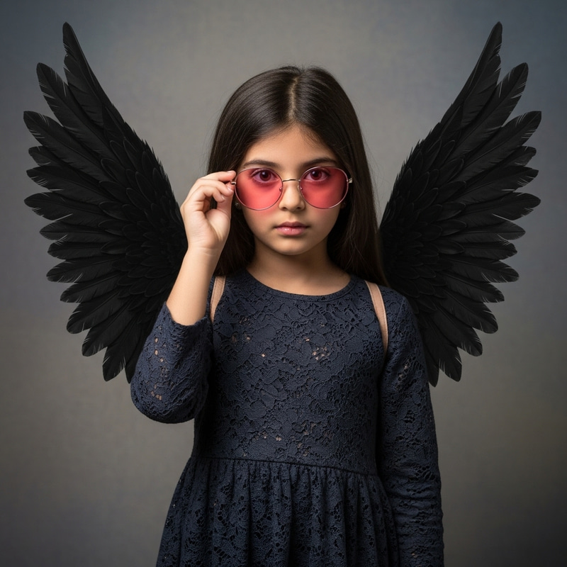 Enigmatic Young Middle-Eastern Girl with Black Wings Taking Off Pink Sunglasses Enigmatic Young Middle-Eastern Girl with Black Wings Taking Off Pink Sunglasses