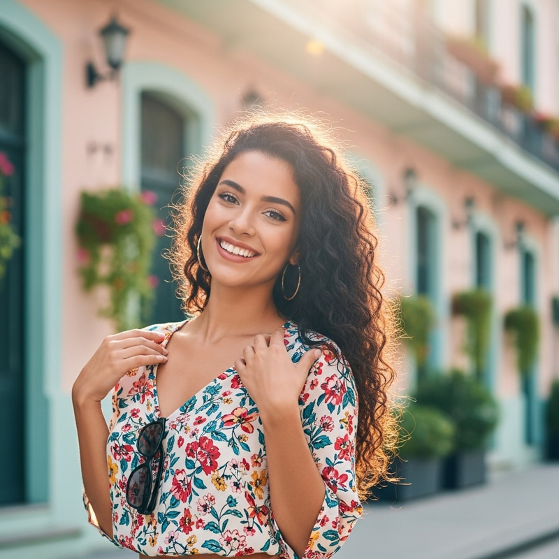 Empowered Young Hispanic Woman in Vibrant Summer Setting Empowered Young Hispanic Woman in Vibrant Summer Setting