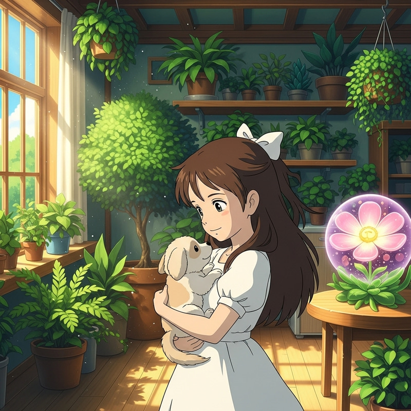 Enchanting Anime Art: Girl with Brown Hair and White Bow Holding Puppy