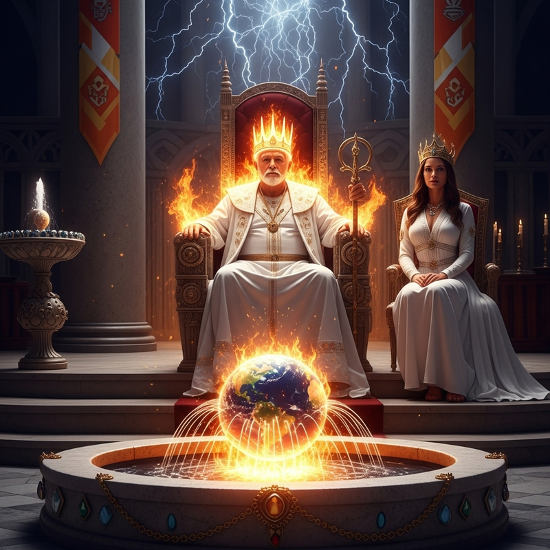 Fiery Radiance: Elderly Man in White Dress and Beautiful Woman