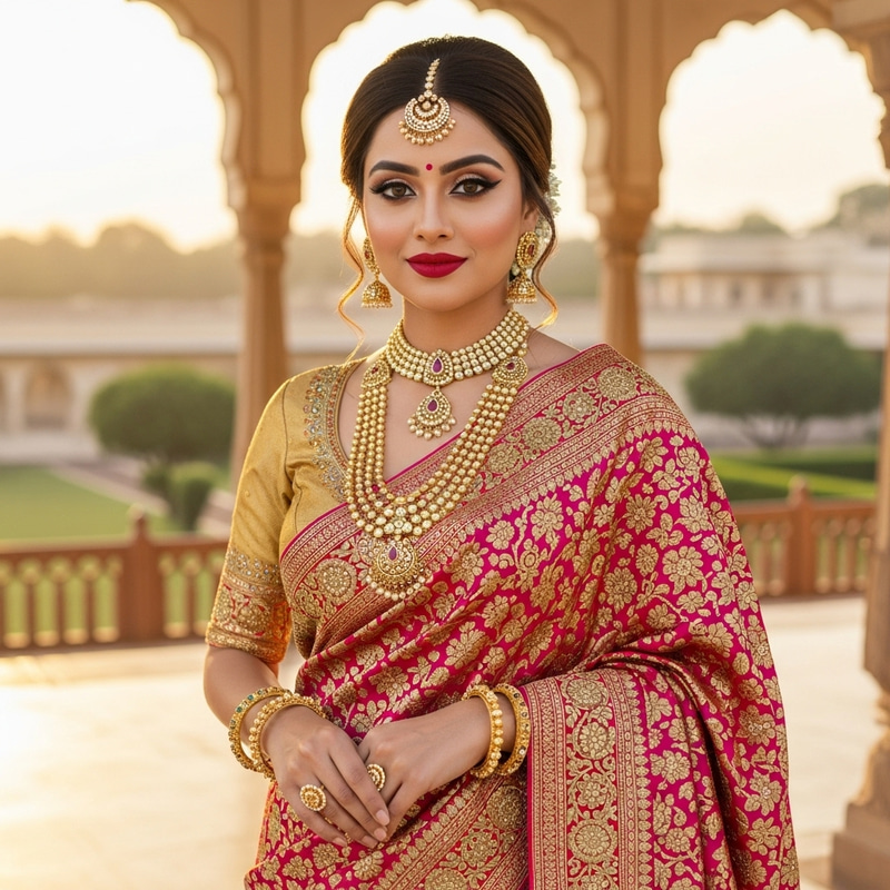 Stunning Indian Model in Traditional Saree and Gold Jewelry