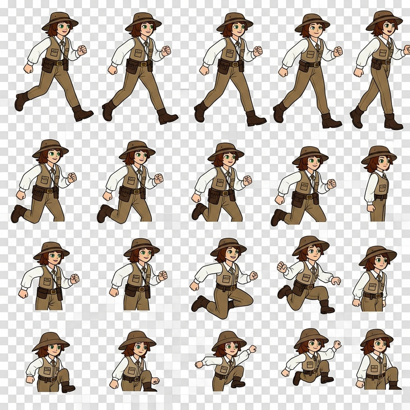 Character Sprite Sheet Animation: Run, Idle, Jump Poses - Vintage Explorer Character