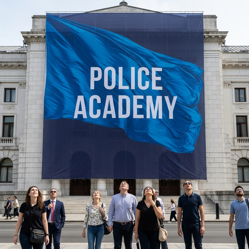 Police Academy Banner in Urban Setting | Crowd Observing Police Academy Banner in Urban Setting | Crowd Observing