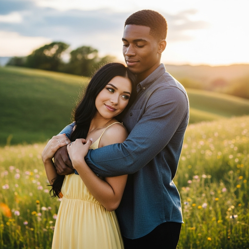 Stylish Couple: Young Woman with Black Hair and Green Eyes