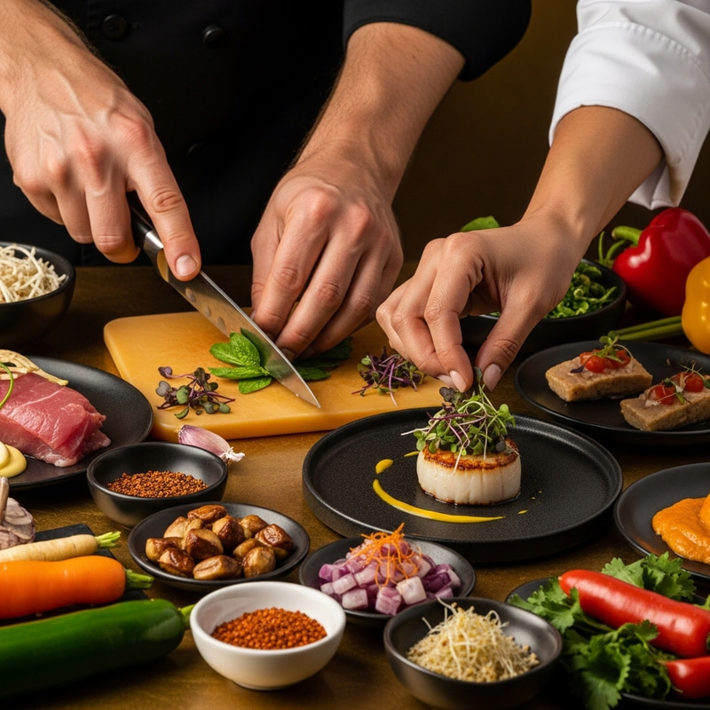 Food Preparation with Expert Touch on Dark Gold Background Food Preparation with Expert Touch on Dark Gold Background