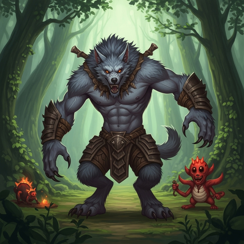 Furie Warwick from League of Legends farms red creep in forest Furie Warwick from League of Legends farms red creep in forest