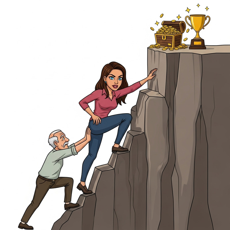 Brave Hispanic Woman Climbing Steep Cliff with Father's Support Brave Hispanic Woman Climbing Steep Cliff with Father's Support