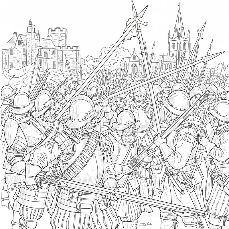 English Civil War Outline Drawing: Soldiers & Weapons English Civil War Outline Drawing: Soldiers & Weapons