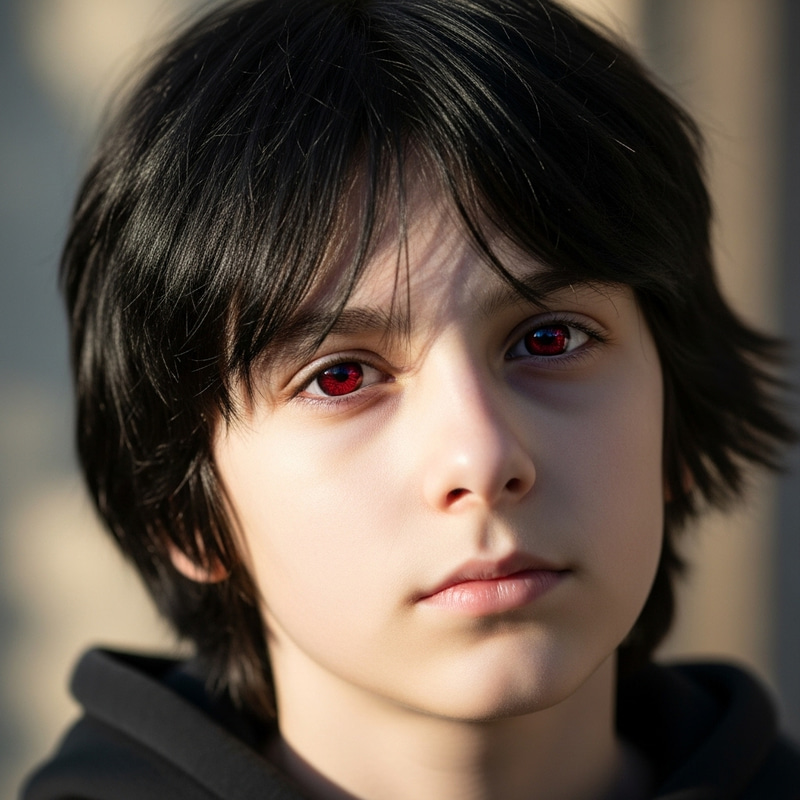 Enigmatic Pale Boy with Piercing Dark Red Eyes Enigmatic Pale Boy with Piercing Dark Red Eyes