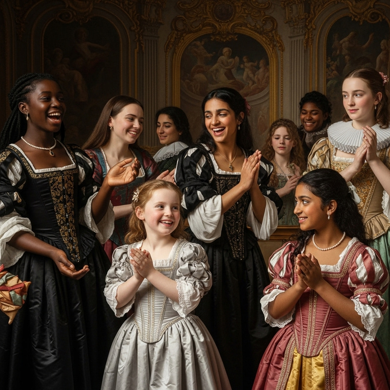 Baroque Style Painting: Detailed Girl Rejoicing Scene Baroque Style Painting: Detailed Girl Rejoicing Scene