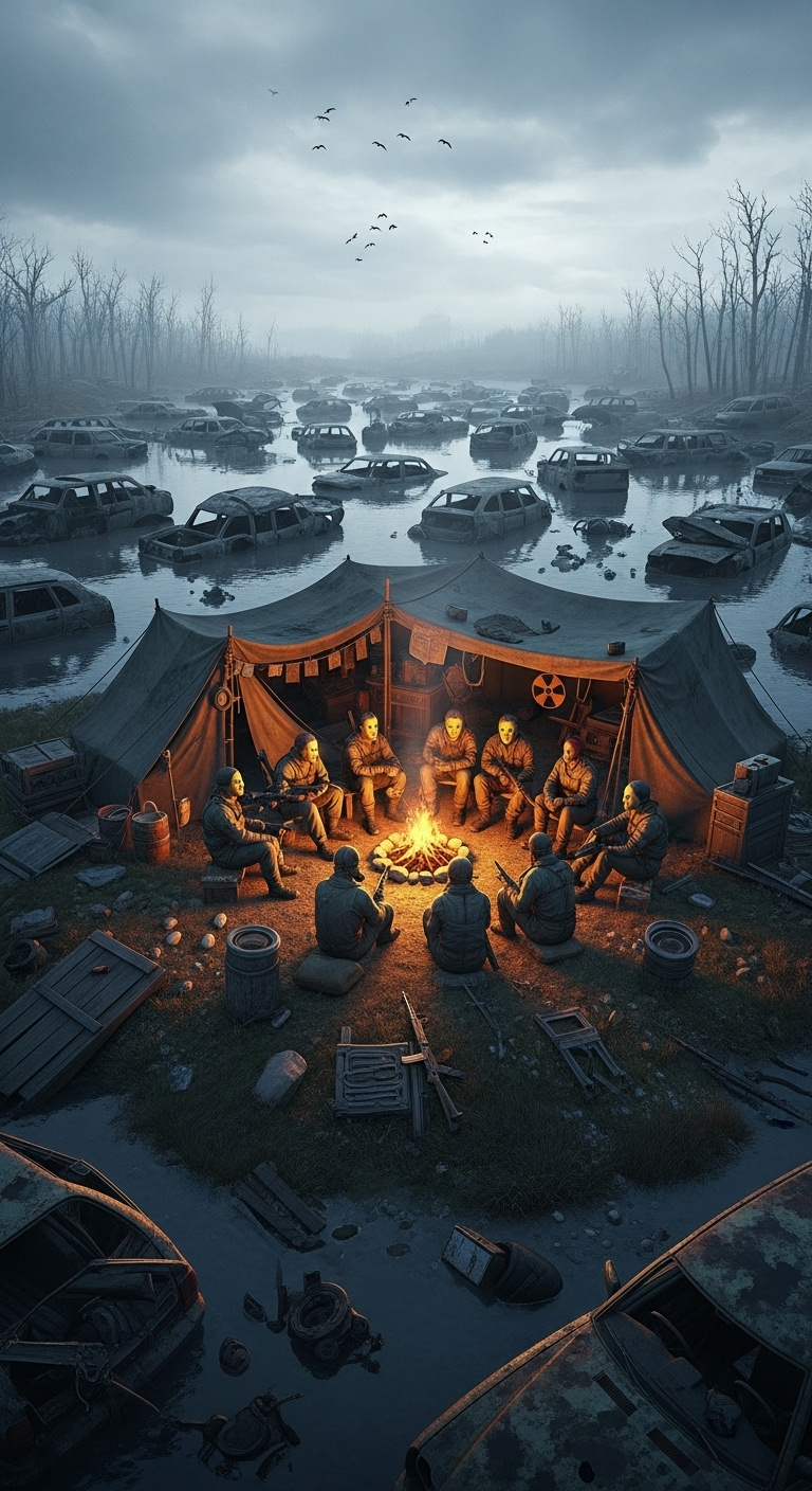 Nomad Camp Amidst Post-Apocalyptic Swamp | Camaraderie & Chaos