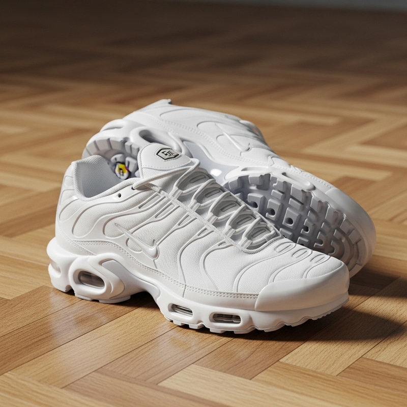 White Nike TN Sneakers on Polished Parquet Floor | Minimalist Still Life Photography