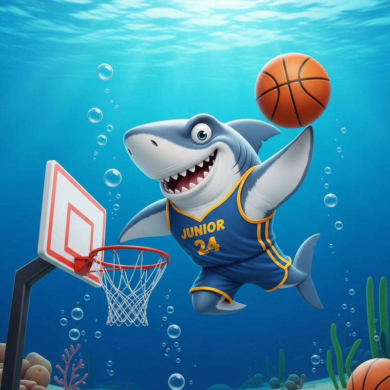Playful Shark in Junior Team Jersey Slam Dunking Basketball Underwater