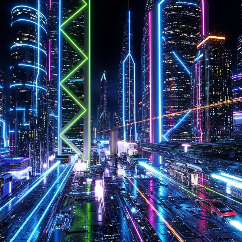 Abstract Futuristic Scene: Neon Cityscape & Technological Patterns Abstract Futuristic Scene: Neon Cityscape & Technological Patterns