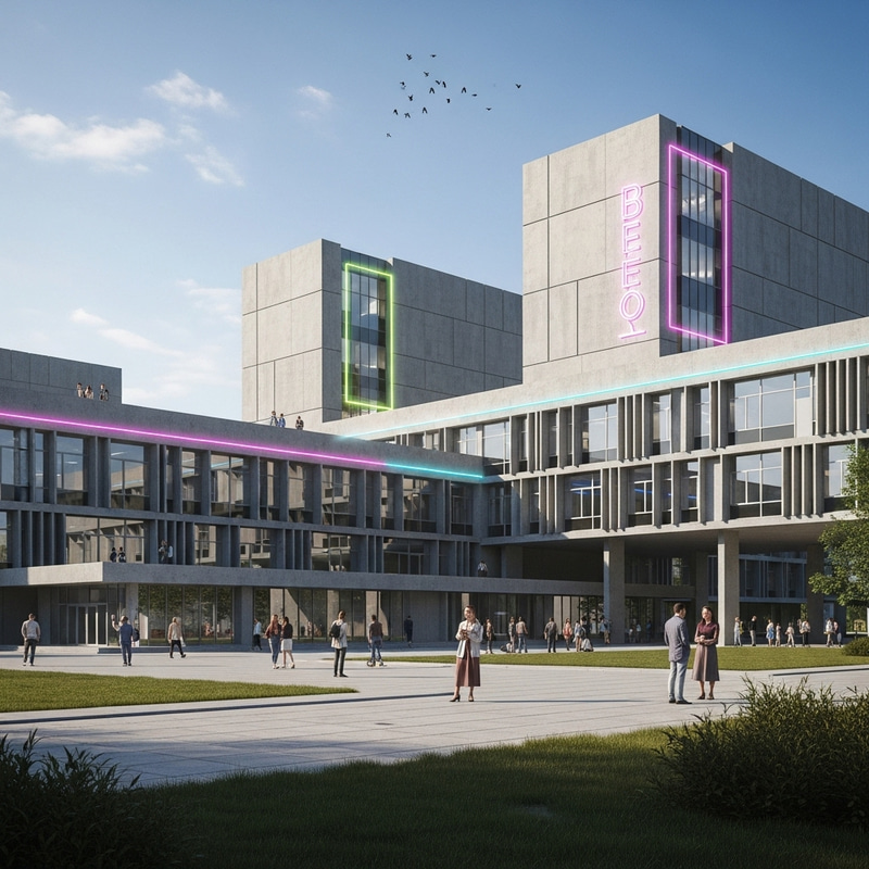 Futuristic Soviet Style School with Contemporary Neon Touch
